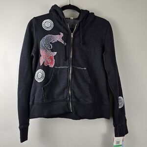 New KU Asian Japanese Streetwear Koi Fish Double Sided Full Zip Sweatshirt Y2K